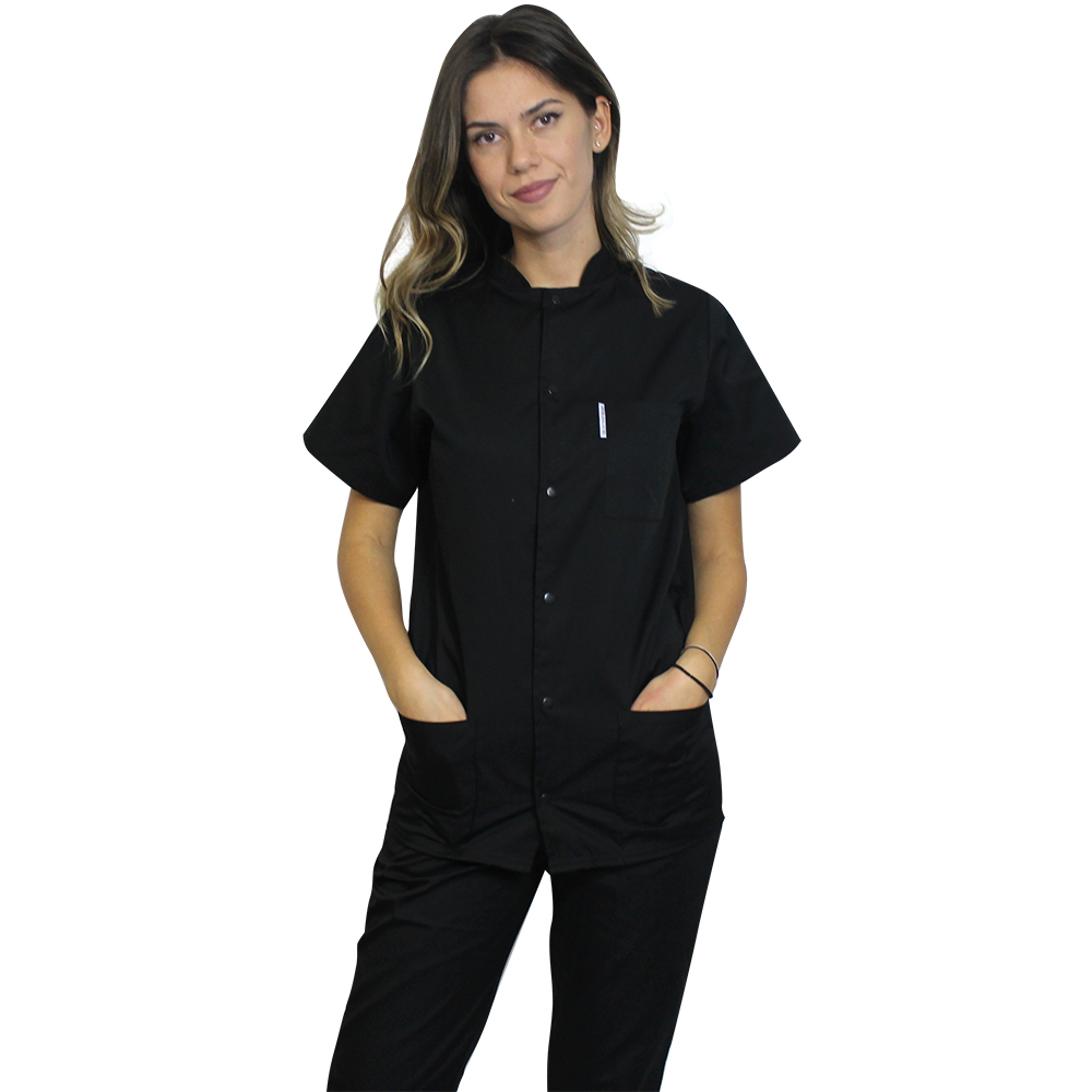 Halat medical negru cu guler tip tunica si trei buzunare  3